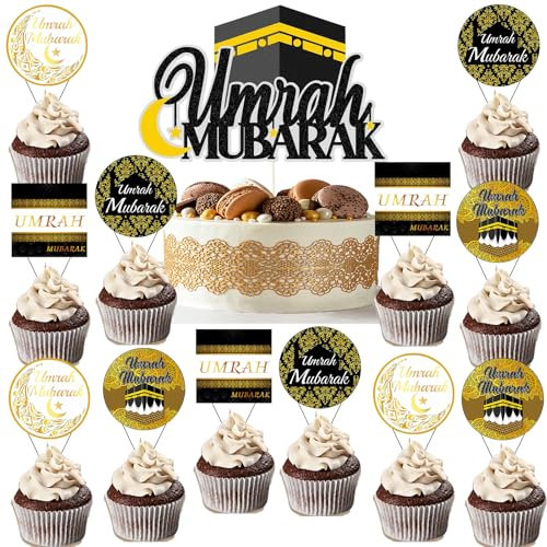 Umrah Mubarak Cake Cupcake Toppers - 13 Schwarz-Gold Cupcake-Topper-Set FüR Ramadan,Eid & Umrah Mubarak-Muffin- Und Cake-Dekoration Mit Umrah Mubarak-Design–Muslimische Party-Deko FüR Festlichkeiten
