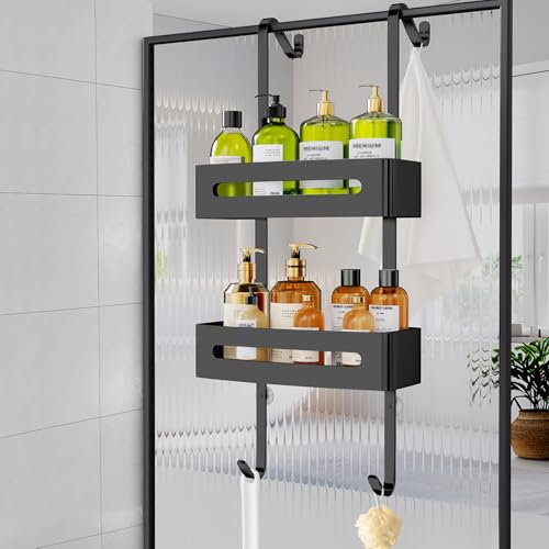 Ajex Mensola Doccia da Appendere,Materiale Inossidabile Resistente Porta Bagnoschiuma Shampoo Doccia da Appendere,Mensola Doccia Senza Foratura Portaoggetti Doccia con 2 Ganci (Nero)
