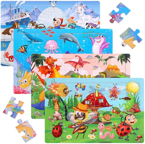 Kaisibum Tiere Holzpuzzle Kinder, Teilen Puzzle ab 3 4 5 6 Jahre 4x30 Kinderpuzzle Holz Steckpuzzle Kinderspielzeug Geschenke für Jungen und Mädchen (Meerestiere,Dinosaurier,Insekten,arktische Tiere)
