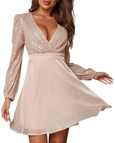 FUPODD Cocktailkleid Damen Sexy Langarm Abendkleider Glitzer Mini Kleid V-Ausschnitt Wickelkleid Kurze Partykleid Tunika Kleider Elegant Ballkleid Frauen Festlich Paillettenkleid Empire Abendkleid