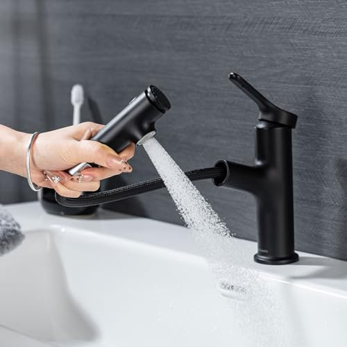 LakeBayMZC Robinet de lavabo avec extensible Robinet de salle de bain,Mitigeur monocommande pour lavabo à poser avec 3 types de jets d'eau douchette,Noir mat