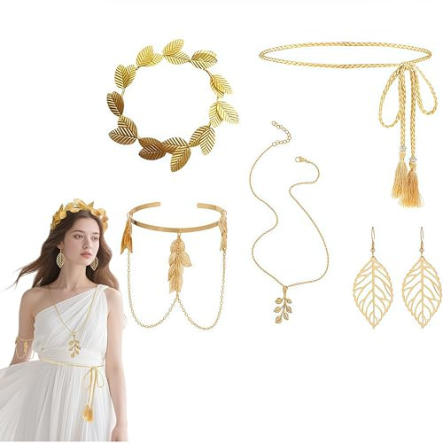 SDXCJY 5PCS Griechische Göttin Kostümzubehör Set, Golden Laurel Leaf, Quasten Taille Kette, Ohrringe, Halskette und Armring, Vintage Party Bridal Wedding Halloween Cosplay für Frauen. (Gold)