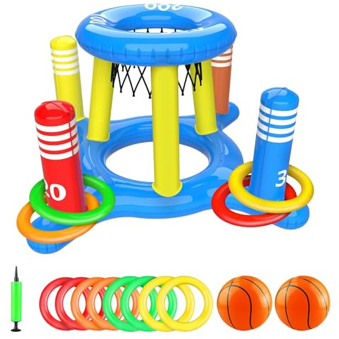 Panier de basket pour piscine, Jouets Gonflables Basket-Ball Piscine, Amusant Jeu Lancer D'anneau P-iscine avec 1 jouet à lancer croisé, 8 anneaux à lancer, 2 ba-sket gonflable, 1 panier de bas-ket