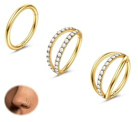Krfy 3Stück Nasenpiercing Ring Gold 18G Nasenring 316L Chirurgenstahl Nasenpiercing Schmuck Set Hypoallergen Ohrringe Creolen Set CZ Septum Lippenring Nasen Piercing Schmuck Gold 8mm