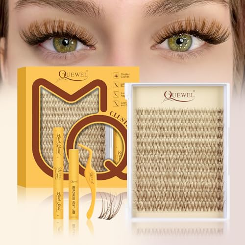 QUEWEL Manga cils bruns, 144PCS, 10-18MM, extension de cils à faire soi-même avec colle, pince à épiler et dissolvant, kit d'extension de cils pour un usage quotidien et les fêtes (Kit G)