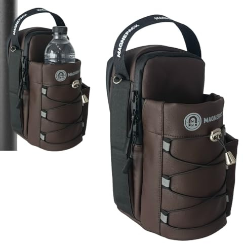 Magnepack Magnetic Gym Bag with Bottle Holder – Heavy-Duty Water Bottle Sling with Hook Strap, Multiple Pockets, Fits Most Racks – Compact, Durable, and Portable Gym Companion (Dark Brown)