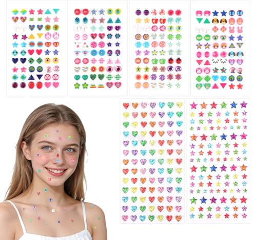 Goktvai 438 STK Aufkleber Ohrringe für Mädchen, Piercingfreie 3D Edelstein Klebe Ohrringe Selbstklebend Glitzer Bastelsteine Sticker für DIY Handwerk und Verkleiden (Mehrere Formen & Farbenfroh)