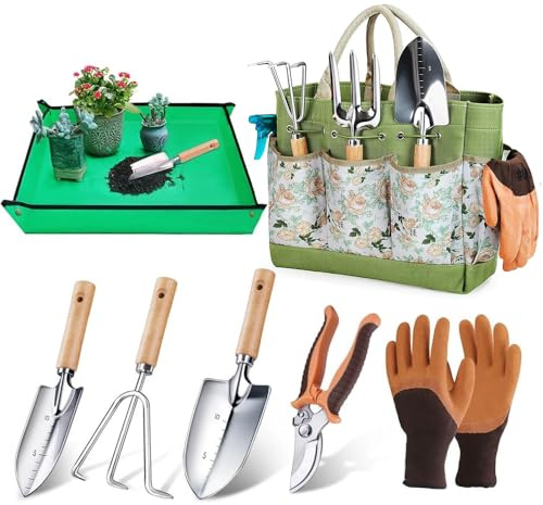 Nzkeuf Gartenwerkzeug Set, 7 Stück Garten Werkzeug mit Gartengeräte Organizer Handtasche, Robustes Rostfrei GartenWerkzeug Set, Ideale Garten Geschenk für Frauen, Männer Und Gartenliebhaber