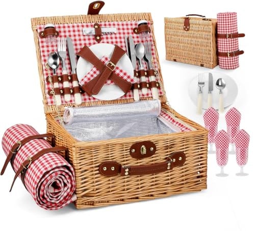 Panier Pique‑Nique Osier 4 Personnes, Panier tressé Main avec Isolation intégrée et Nappe imperméable – Set Complet avec 4 Couverts pour Camping Plage Jardin Hiking, BBQ
