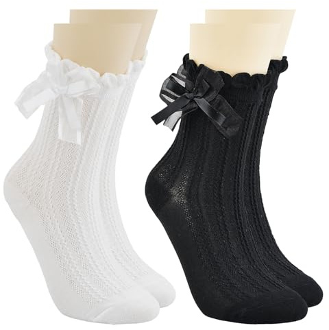 Rundago 2 Paia di Calzini Volant in Pizzo 39-42, Calzini Donna Cotone con Volant, Calze Corte Eleganti in Cotone Morbido, Ideali per Mocassini Donna, Stile Lolita e Tradizionale, Bianco e Nero