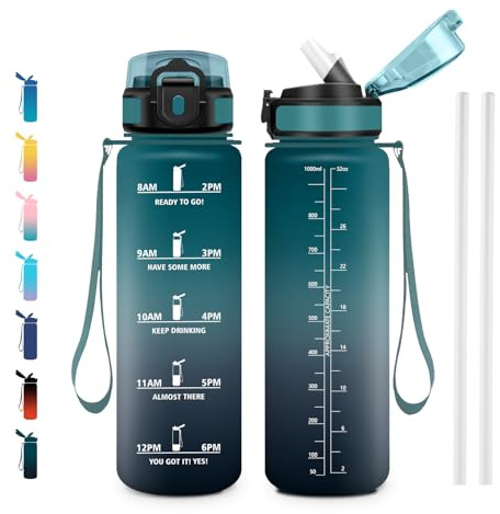 JAPORIA Trinkflasche 1L, Mit Strohhalm & Zeitmarkierung, Sportflasche für Outdoor, Fitness, Schule, Büro, Fahrrad