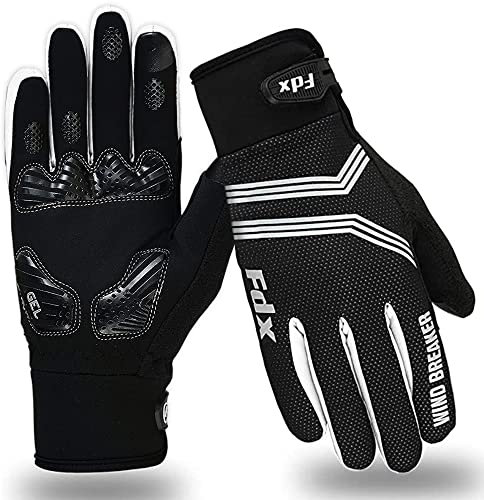 FDX Full Finger Winter Cycling Gloves, Breathable, Water Resistant, Windproof, Anti- Shocking Gel Padded Palms, Touchscreen, Anti-Slip Warm Thermal Men Women MTB, Racing, Riding, Running (White L)