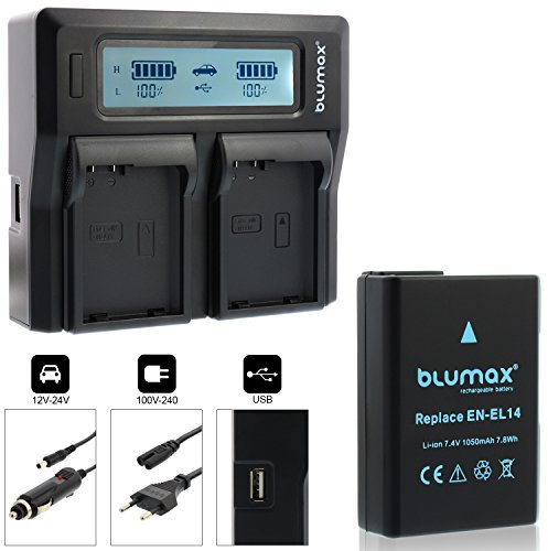 Blumax Batterie pour Nikon EN-EL14 / EN-EL14a 1050 mAh + double chargeur pour EN-EL14 / EN-EL14a Dual Charger | Compatible avec Nikon DF-D3100-D3200-D3300-D3400-D5200-D5300-D5400-D5500 | Coolpix P700
