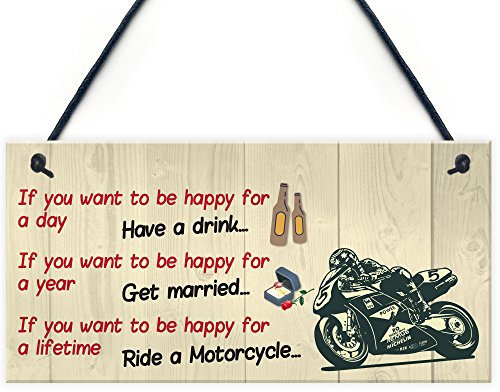 RED OCEAN Happy Life Motorcycle Funny Motorbike Man Cave Hanging Plaque Garage Gift Sign