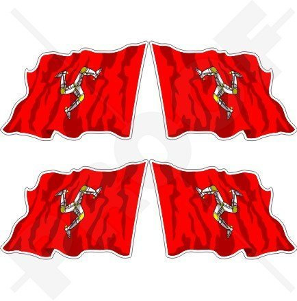 ISLE von MAN Wehende Flagge, MANX Großbritannien UK TT Rennen 50mm Auto & Motorrad Aufkleber, x4 Vinyl Stickers (Links - Rechts)