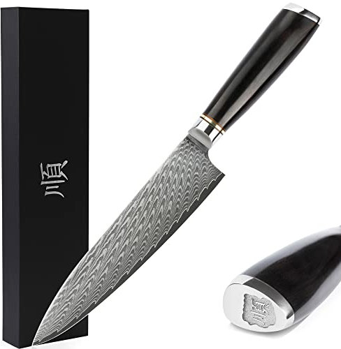 Sunlong Kochmesser - Klinge 20,32 cm -Japanischer Damast-Superstahl - Griff aus Ebenholz - Walnussholzscheide Flanell-Messeretui