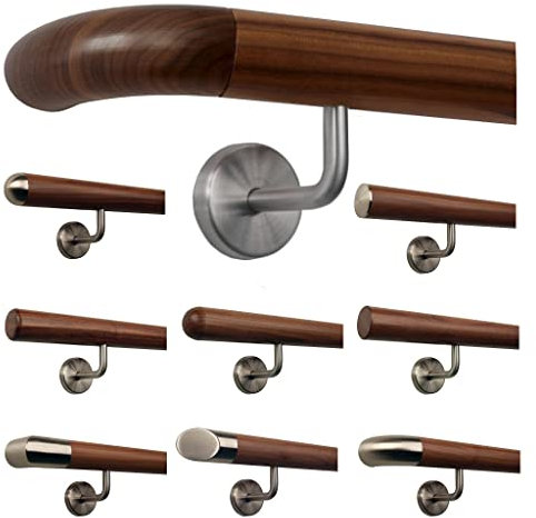 TIBU Ami Nussbaum Geländer Handlauf Treppe Holz Griff gewinkelt Edelstahlhalter, Länge 30-500 cm - Variante: 130 cm mit 2 Halter und Ende Holzkrümmling