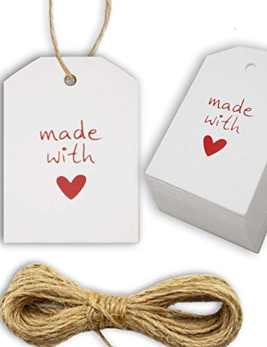 HOMETOOLS 100 Kraftpapier Geschenk-Anhänger, Made with Love, 5,5 x 4cm, 10m Juteschnur, weiß