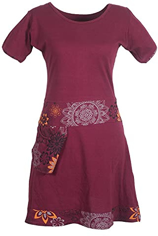 Vishes - Alternative Bekleidung - Damen Kurzarm Kleid Tunika Hippie Blumen Muster Sidebag Tasche dunkelrot 40-42