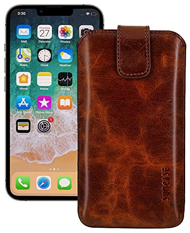 Suncase ECHT Leder Tasche kompatibel mit iPhone 13 PRO (6,1 Zoll) mit ZUSÄTZLICHER Transparent Hülle | Schale | Silikon Bumper Handytasche (mit Rückzugsfunktion und Magnetverschluss) in Rustik Tabak