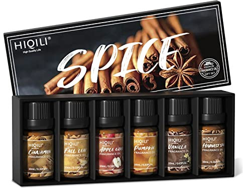 HIQILI Fragrance Oil Spice Set of 6 Premium Fragrance Oils, Cinnamon, Apple Cider, Pumpkin, Vanilla, Harvest Spice, Fall Leaf