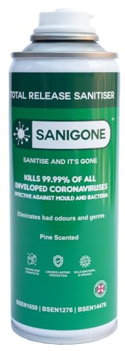 Sanigone TOTAL RELEASE Room Sanitising Mist - 1-Click Disinfectant 200ml Spray Can | Eliminates 99.99% of Viruses & Bacteria | Effective against Mould, Bad Odours and Germs | Pine Scented (1x Pack)