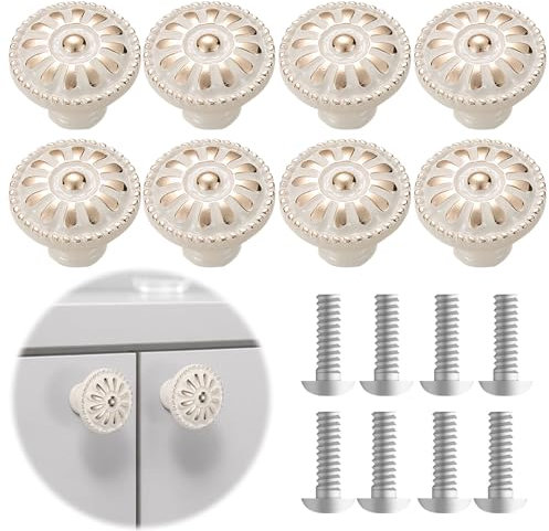8 Stücks Vintage Schranktürknöpfe, Schubladengriffe, Runde Cabinet Knobs Schubladenknöpfe Möbelknöpfe Schrankknöpfe Vintage Küchengriffe Griffe für Schrank Schublade Küche, Weiß, mit Schrauben