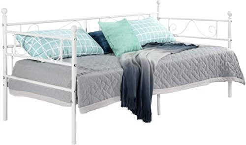 H.J WeDoo Tagesbett mit Lattenrost Metallbett Bettrahmen, Bettsofa Gästebett für Schlafzimmer Wohnzimmer passend für 90 * 200 cm Matratze, Weiß