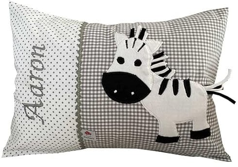 Glückspilz Namenskissen personalisiert, Babykissen mit Namen Bestickt, Zebra, Grau, 30 x 45 cm