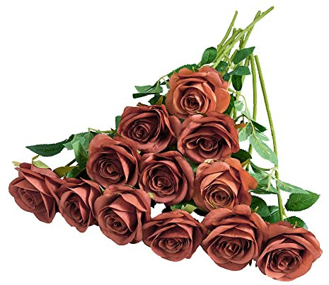 Helera 12 Stück Rostorange Rostrosen, künstliche Rosen, Seidenrosen, orangefarbene Seidenblumen mit langen Stielen für Hochzeit, Babyparty, Heimdekoration, Party, Tafelaufsätze, Tischdekorationen