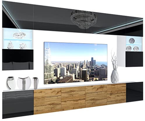 BELINI Wohnwand Vollausstattung Wohnzimmer-Set Moderne Schrankwand mit LED-Beleuchtung Anbauwand TV-Schrank Schwarz/Wotan Eiche