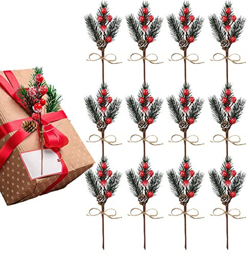 Teahutty 12 rami artificiali di agrifoglio rosso bianco bacche di pino innevato, 20,3 cm floccato agrifoglio di bacche di Natale steli per fai da te decorazioni natalizie