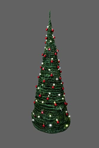 6Ft/180cm Prelit Pre Decorated Pop up Christmas Tree Xmas Home Indoor LED Warm White Lights Red Baubles Decorations Battery Operated