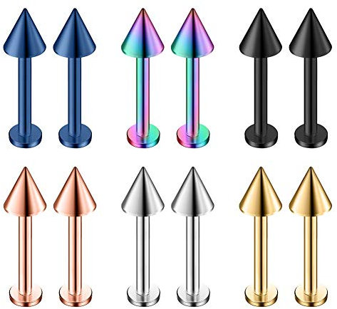 Longbeauty 16G Edelstahl Labret Monroe Lippenring Tragus Helix Ohrring Studs 12 Pcs Zunge Industrial Bauch Barbells mit Spikes Piercing Bars