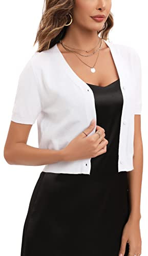 Yukiuiny Women's Elegant Knit Cardigan Cropped Short Sleeve Shrugs for Spring Summer Autumn, Coat Mini Jacket Bolero for Weddings Party-Short Sleeve-White/L