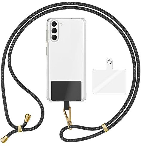 Kaliroo Universal Umhängeband mit 2 Pads & Karabiner-Haken (Gold Metall), Verstellbare Crossbody Handy-Kette 160cm lang für Handyhülle, Befestigung für Smartphone Schlüssel Ausweise, Farbe:Schwarz