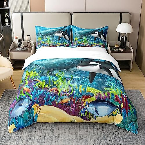 100% Baumwolle 3D Unterwasser Welt Tröster Abdeckung 135x200,Killer Wal Bettbezug für Kinder Jungen Teens,Bunte Seetang Reel Fisch Bettwäsche Set,Blaue Ozean Welle Quilt Cover Schlafzimmer Dekor