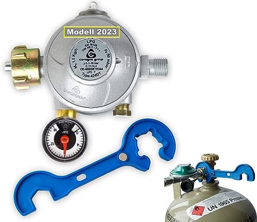 Bluecraft Haushaltsregler 50mbar Gasregler Druckminderer für Innenräume mit Manometer, doppelter Überdrucksicherung inkl. Gasregler-Schlüssel 2 in 1