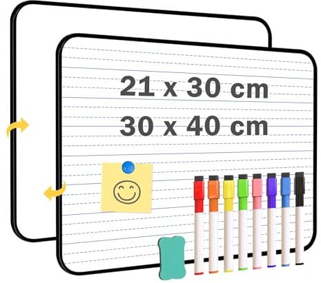 QUEENLINK Doppelseitiges, magnetisches Whiteboard, liniert, trocken abwischbar, 21 x 30 cm, kleines Schoßtafel-Set, tragbares Mini-Whiteboard für Klassenzimmer für Schüler und Kinder
