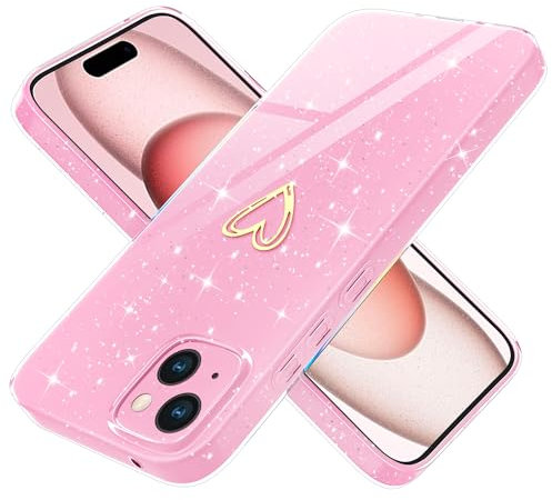 Yichxu Cover per iPhone 15 Custodia Glitter TPU Silicone Brillantini con Protezione Fotocamera Motivo Cuore Sottile Morbid Antiurto Paraurti Protettiva Case per iPhone 15 (6.1 Pollici), Rosa