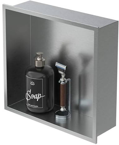 LuxeBath Niche de Douche Encastrée Murale, 30x30x10cm, en Acier Inoxydable, Argent, Étanche, Étagère avec Cadre Salle de Bain, Encastrable, Seule Couche, Rangement Articles Toilette, Matériel Montage