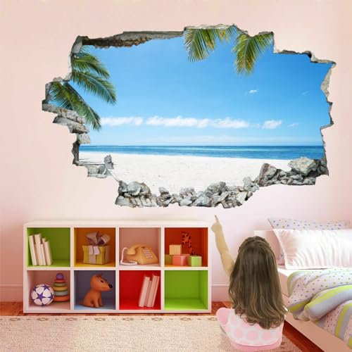 3D Durchbruch Wandsticker, Palmenblätter Wandtattoo Wanddeko Aufkleber, Blick Auf Den Strand Wanddurchbruch sticker für Raumdekoration Wohnzimmer Kinderzimmer Junge Mädchen Teenager Zimmer 120x80cm