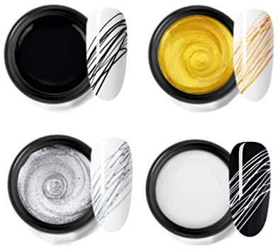 4 Farben Spider Gel für Nail Art - UV LED Nagellack Set - Soak Off Liner Gel Polish für Nagel Design - Schwarz, Weiß, Gold & Silber