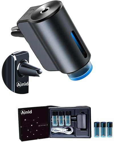 Ainid Deodorante per auto intelligente, diffusore universale per auto con tre diffusori regolabili e ricaricabili con olio essenziale da 10 ml (diffusore + 3 oli al limone)