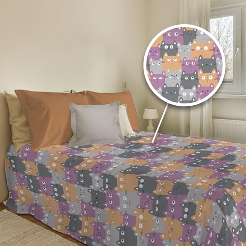 PENSIERI DELICATI Copriletto 170 x 280 cm, Singolo 100% Cotone Pique, Ideale Come Telo Arredo, Coperta Salva Letto 1 Piazza, Fantasia Happycat Arancio, 100% Made in Italy