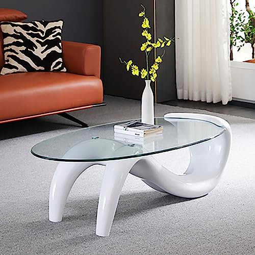 ZJGFCB Ovaler Glas Couchtisch, zeitgenössischer Couchtisch für Wohnzimmer, Terrasse, Studium - 35,5L x 21,7W x 16h, klares Glas, Metall Basis