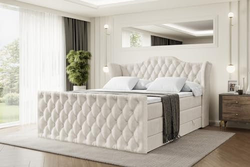 ALTDECOR Boxspringbett mit Matratze und Lattenrost, Topper, Fußteil,Polsterbett mit Bettkasten, Bett mit Stauraum H3- und H4- Matratze, Doppelbett, Springboxbett - Vila-Z King - 200x200 - Beige Samt