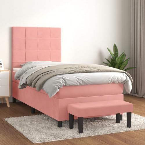 OHOOWOO Boxspringbett mit Matratze Rosa 80x200 cm Samt,Gemütliches Boxspringbett mit Samtbezug, verstellbarem Kopfteil und multifunktionaler Bank in Rosa