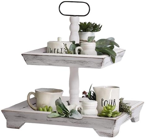 Tiered Wooden Tray Stand - Rustic 2-Tier Farmhouse Serving Tray, Decorative Display for Kitchen Counter, Coffee Bar, Dessert Table | Detachable Food Display