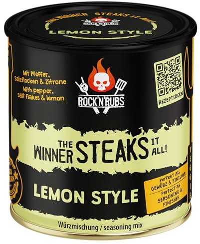 ROCK'N'RUBS Grillgewürz The Winner steaks it all - Lemon Style - BBQ Rub zum Grillen mit Crunchy Salzflocken, Telicherry Pfeffer & Zitrone - 140 g